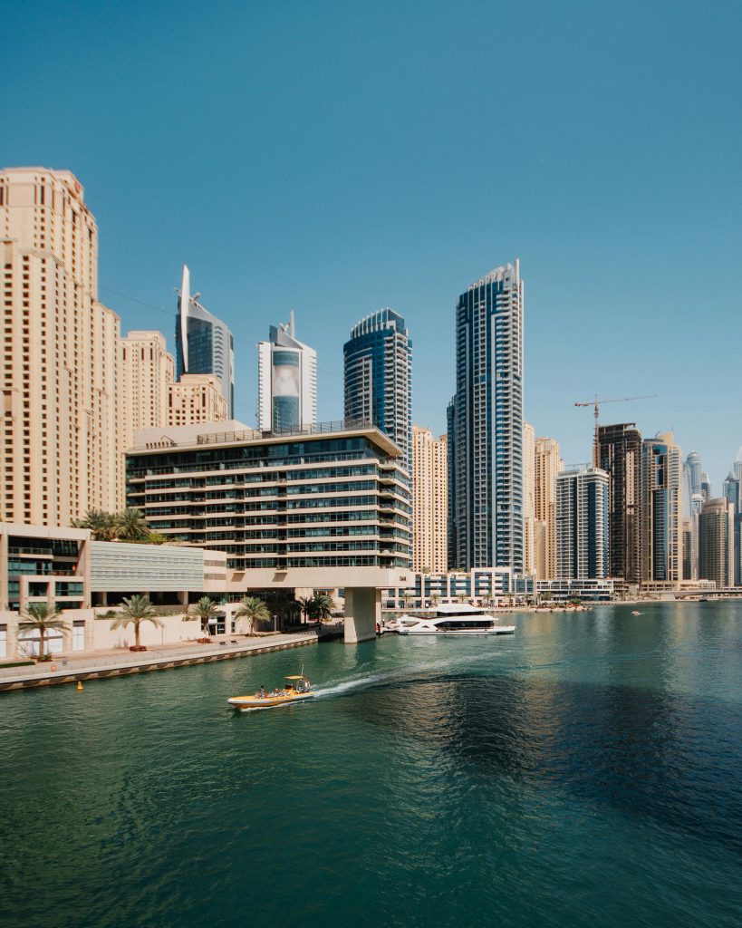 A breathtaking view of Dubai Marina's skyline with modern skyscrapers along the water.
